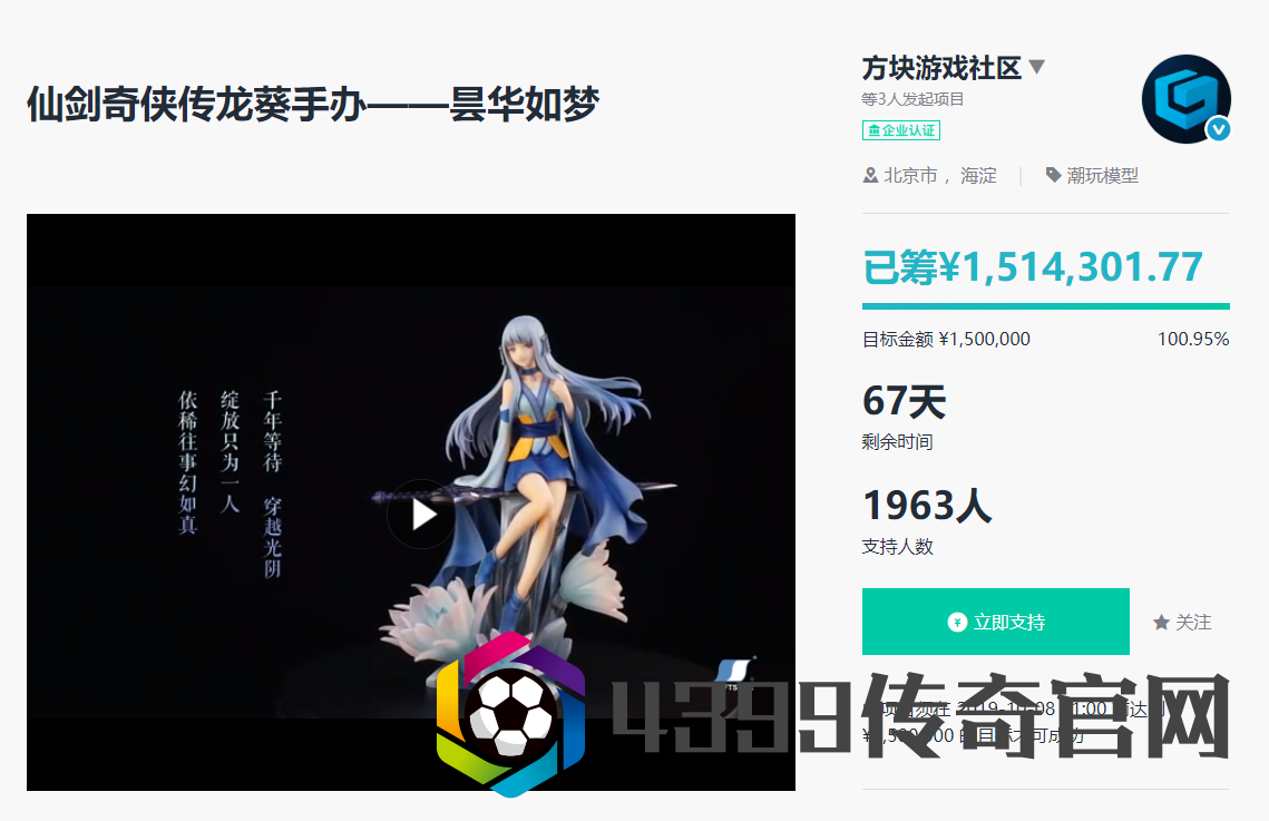 《仙剑奇侠传》龙葵手办众筹成功 3天达成150万目标